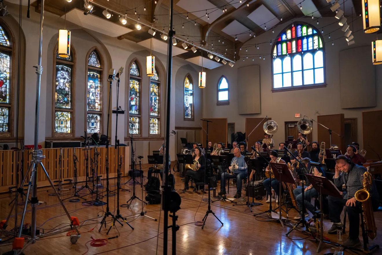 Orchestra set up for recording.